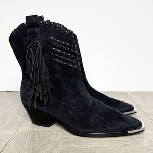 Schutz Alexxa Black Suede Western Fringe Bootie 6 1/2 B